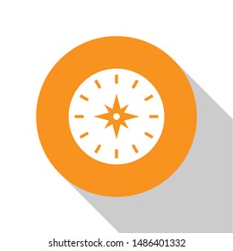 White Compass icon isolated on white background. Windrose navigation symbol. Wind rose sign. Orange circle button. Vector Illustration
