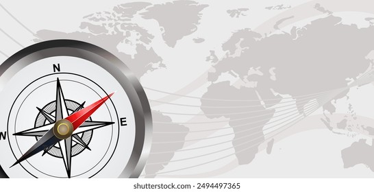 white compass on the background of the world map, a journey through the continents - bright vector background with empty space for text