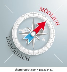 White compass on the grey background. German text "Moeglich" and "Unmoeglich", translate "Possible" and "Impossible". Eps 10 vector file.