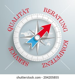 White compass on the grey background. Red german text "Beratung, Kompetenz, Service, QulitÃ?Â?Ã?Â¤t", translate "Consulting, Expertise, Service, Quality" Eps 10 vector file.