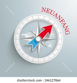 White compass with red german text Neuanfang, translate commencement on the grey background. Eps 10 vector file.
