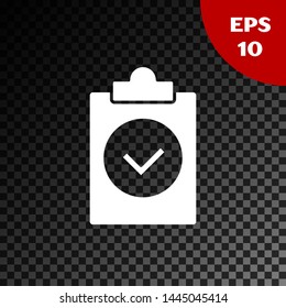 White Completed task icon isolated on transparent dark background. Compliance inspection approved. Checklist sign. Certified document symbol.  Vector Illustration