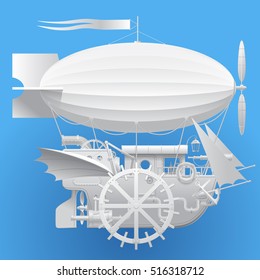 White complex fantastic flying ship on blue background. Steampunk style technology concept. Vector illustration