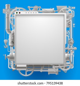 White complex machinery signboard and frame on blue. Steampunk style template design, poster and techno symbol. Vector illustration