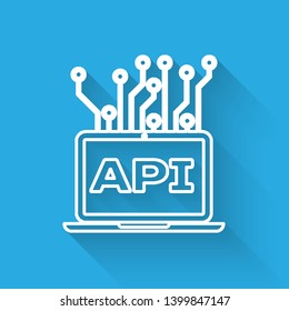 White Computer api interface line icon isolated with long shadow. Application programming interface API technology. Software integration. Vector Illustration