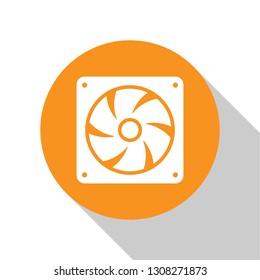 White Computer cooler icon isolated on white background. PC hardware fan. Orange circle button. Flat design. Vector Illustration