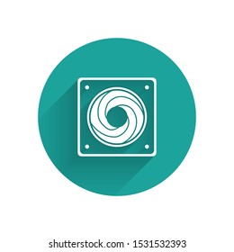 White Computer cooler icon isolated with long shadow. PC hardware fan. Green circle button. Vector Illustration