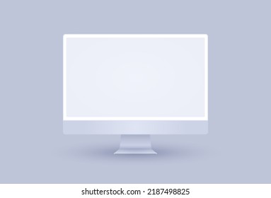 Modelación en la pantalla del ordenador blanco. Pc de escritorio de arcilla en un estilo 3d realista para promocionar su diseño o presentación web. Televisión de arcilla con pantalla en blanco aislada sobre fondo morado con sombra.