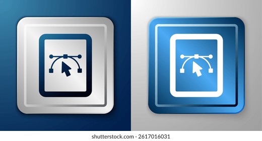 White Computer display with vector design program icon isolated on isolated on blue and grey background. Photo editor software with user interface. Silver and blue square button. Vector