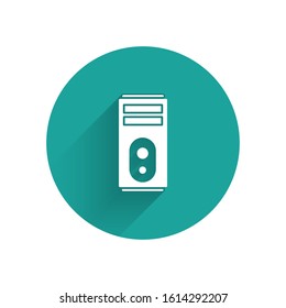 White Computer icon isolated with long shadow. PC component sign. Green circle button. Vector Illustration