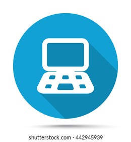 White Computer icon on blue button isolated on white