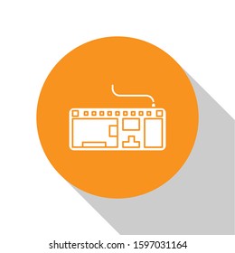 White Computer keyboard icon isolated on white background. PC component sign. Orange circle button. Vector Illustration