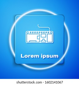 White Computer keyboard icon isolated on blue background. PC component sign. Blue square button. Vector Illustration