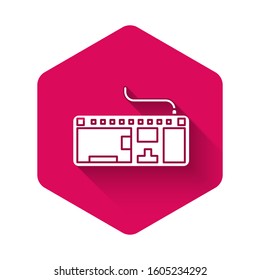 White Computer keyboard icon isolated with long shadow. PC component sign. Pink hexagon button. Vector Illustration