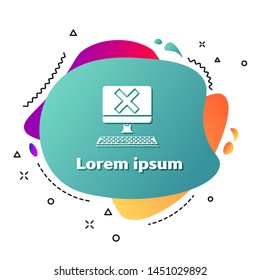 White Computer with keyboard and x mark icon isolated on white background. Error window, exit button, cancel, 404 error page not found concept. Abstract banner with liquid shapes. Vector Illustration