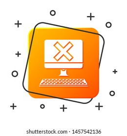 White Computer with keyboard and x mark icon isolated on white background. Error window, exit button, cancel, 404 error page not found concept. Orange square button. Vector Illustration