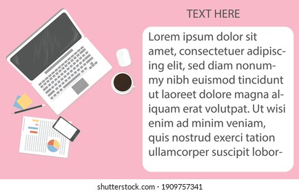Etiqueta de computadora blanca con análisis de papel de negocios, smartphone, postearlo, lápiz y café. Puede insertar texto en pantalla y espacio o utilizarlo como objeto. 