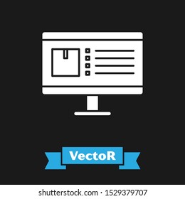 White Computer monitor with app delivery tracking icon isolated on black background. Parcel tracking.  Vector Illustration