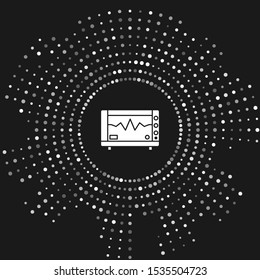 White Computer monitor with cardiogram icon isolated on grey background. Monitoring icon. ECG monitor with heart beat hand drawn. Abstract circle random dots. Vector Illustration