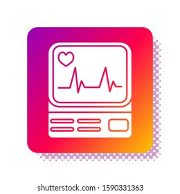 White Computer monitor with cardiogram icon isolated on white background. Monitoring icon. ECG monitor with heart beat hand drawn. Square color button. Vector Illustration