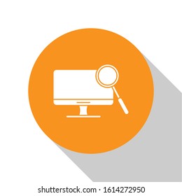 White Computer monitor diagnostics icon isolated on white background. Adjusting app, service, setting options, maintenance, repair. Orange circle button. Vector Illustration