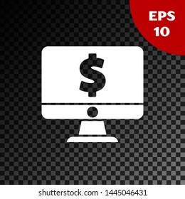 White Computer monitor with dollar symbol icon isolated on transparent dark background. Online shopping concept. Earnings in the Internet, marketing.  Vector Illustration