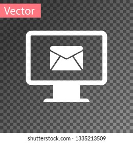 White Computer monitor and envelope, new message, mail, email icon isolated on transparent background. Usage for e-mail newsletters, headers, blog posts. Vector Illustration