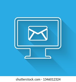 White Computer monitor and envelope, new message, mail, email icon isolated with long shadow. Usage for e-mail newsletters, headers, blog posts. Vector Illustration