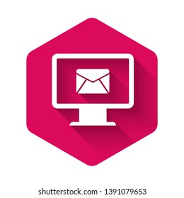 White Computer monitor and envelope, new message, mail, email icon isolated with long shadow. Usage for e-mail newsletters, headers, blog posts. Pink hexagon button. Vector Illustration