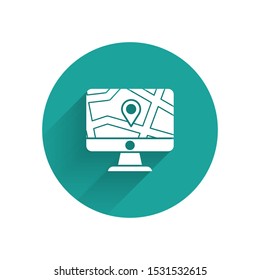 White Computer monitor and folded map with location marker icon isolated with long shadow. Green circle button. Vector Illustration