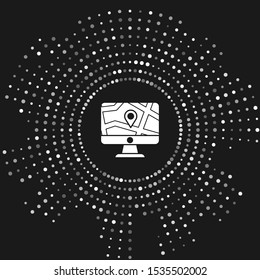White Computer monitor and folded map with location marker icon isolated on grey background. Abstract circle random dots. Vector Illustration