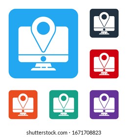 White Computer monitor and folded map with location marker icon isolated on white background. Set icons in color square buttons. Vector Illustration