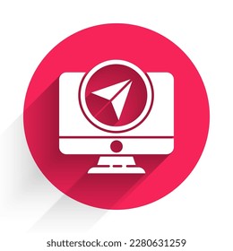 White Computer monitor and folded map with location marker icon isolated with long shadow. Red circle button. Vector Illustration