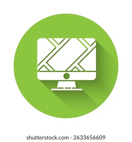 White Computer monitor and folded map with location marker icon isolated with long shadow. Green circle button. Vector Illustration