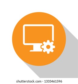 White Computer monitor and gear icon isolated on white background. Adjusting app, setting options, maintenance, repair, fixing monitor concepts. Orange circle button. Flat design. Vector Illustration
