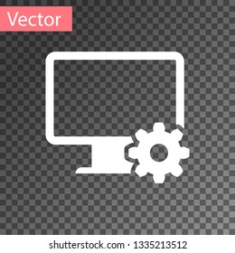 White Computer monitor and gear icon isolated on transparent background. Adjusting app, setting options, maintenance, repair, fixing monitor concepts. Vector Illustration