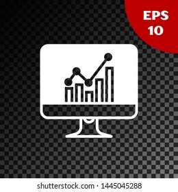 White Computer monitor with graph chart icon isolated on transparent dark background. Report text file icon. Accounting sign. Audit, analysis, planning.  Vector Illustration