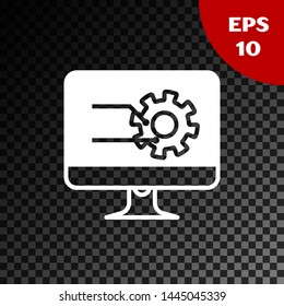 White Computer monitor with graph chart icon isolated on transparent dark background. Report text file icon. Accounting sign. Audit, analysis, planning.  Vector Illustration