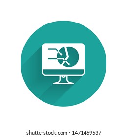 White Computer monitor with graph chart icon isolated with long shadow. Report text file icon. Accounting sign. Audit, analysis, planning. Green circle button. Vector Illustration