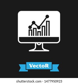 White Computer monitor with graph chart icon isolated on black background. Report text file icon. Accounting sign. Audit, analysis, planning.  Vector Illustration