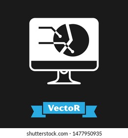 White Computer monitor with graph chart icon isolated on black background. Report text file icon. Accounting sign. Audit, analysis, planning.  Vector Illustration