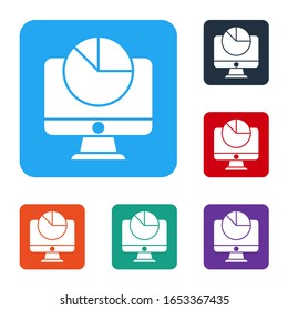 White Computer monitor with graph chart icon isolated on white background. Report text file. Accounting sign. Audit, analysis, planning. Set icons in color square buttons. Vector Illustration