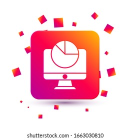 White Computer monitor with graph chart icon isolated on white background. Report text file. Accounting sign. Audit, analysis, planning. Square color button. Vector Illustration