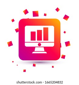 White Computer monitor with graph chart icon isolated on white background. Report text file. Accounting sign. Audit, analysis, planning. Square color button. Vector Illustration