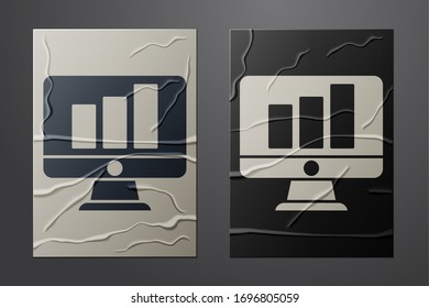 White Computer monitor with graph chart icon isolated on crumpled paper background. Report text file. Accounting sign. Audit, analysis, planning. Paper art style. Vector Illustration