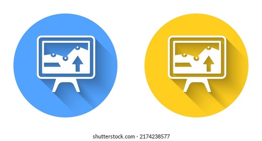 White Computer monitor with graph chart icon isolated with long shadow background. Report text file icon. Accounting sign. Audit, analysis, planning. Circle button. Vector