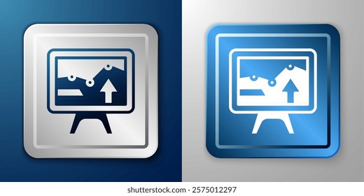 White Computer monitor with graph chart icon isolated on blue and grey background. Report text file icon. Accounting sign. Audit, analysis, planning. Silver and blue square button. Vector