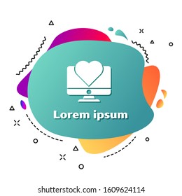 White Computer monitor with heart icon isolated on white background. Valentines day. Abstract banner with liquid shapes. Vector Illustration