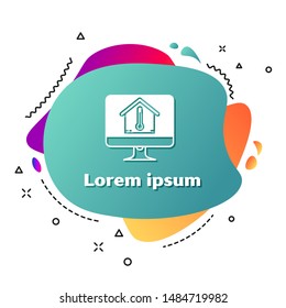 White Computer monitor with house temperature icon isolated on white background. Thermometer icon. Abstract banner with liquid shapes. Vector Illustration