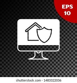 White Computer monitor with house under protection icon isolated on transparent dark background. Protection, safety, security, protect, defense concept.  Vector Illustration